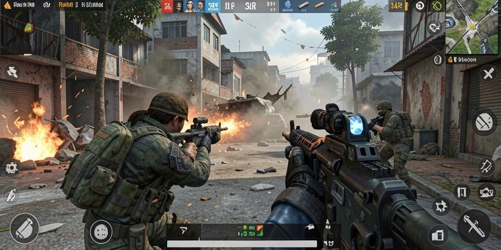 Screenshot gameplay menampilkan aksi pertempuran FPS yang mendebarkan.