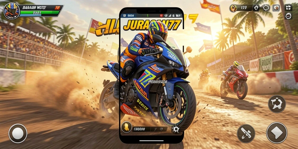 Gameplay seru JURAGAN77 menampilkan aksi balap motor yang mendebarkan.